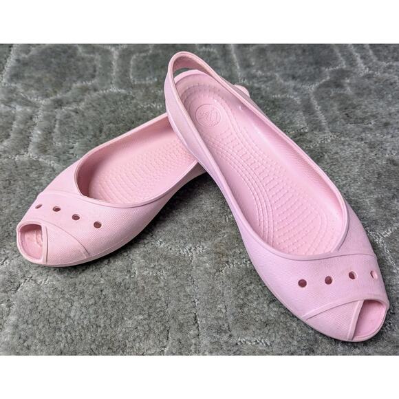 Crocs Peep Toe Ballet Flats WOMENS 5 Slingback Pink Shoes comfy casual barbie - Picture 3 of 7